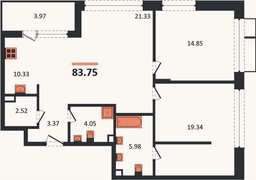 Планировка: 2-к, 83,8 м²