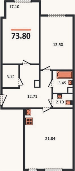 Планировка: 2-к, 73,8 м²