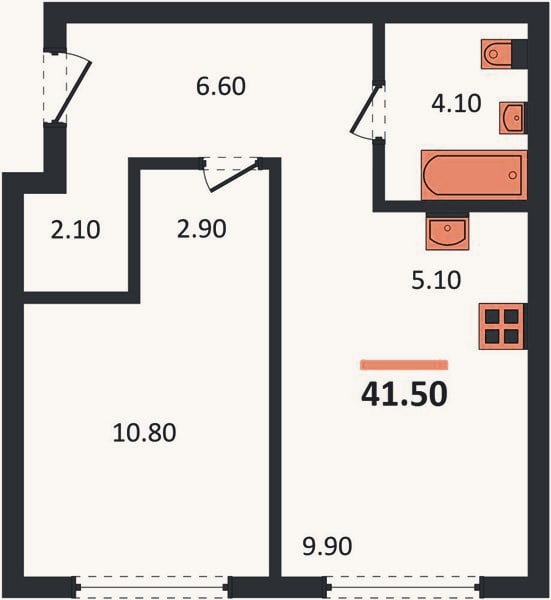 Планировка: 1-к, 41,5 м²