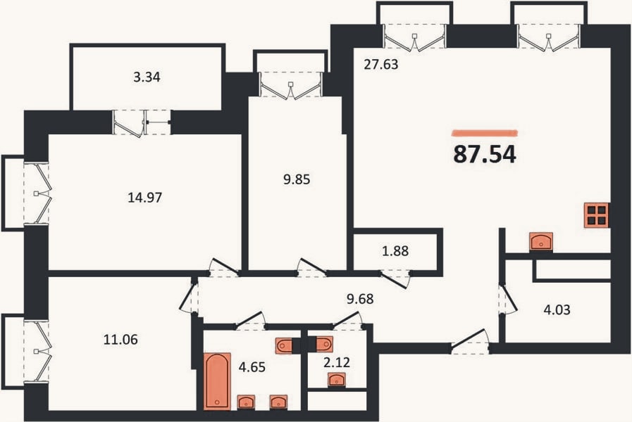 Планировка: 3-к, 87,5 м²