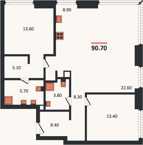 Планировка: 2-к, 90,7 м²