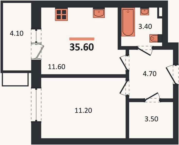 Планировка: 1-к, 35,6 м²