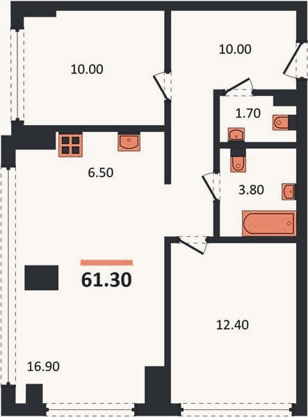 Планировка: 2-к, 61,3 м²