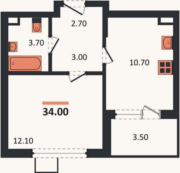 Планировка: 1-к, 34 м²