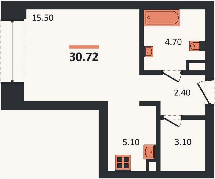 Планировка: Студия, 30,7 м²