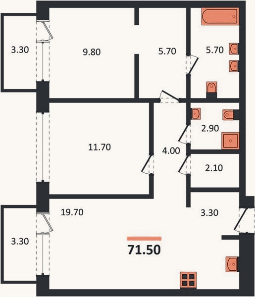 Планировка: 2-к, 71,5 м²
