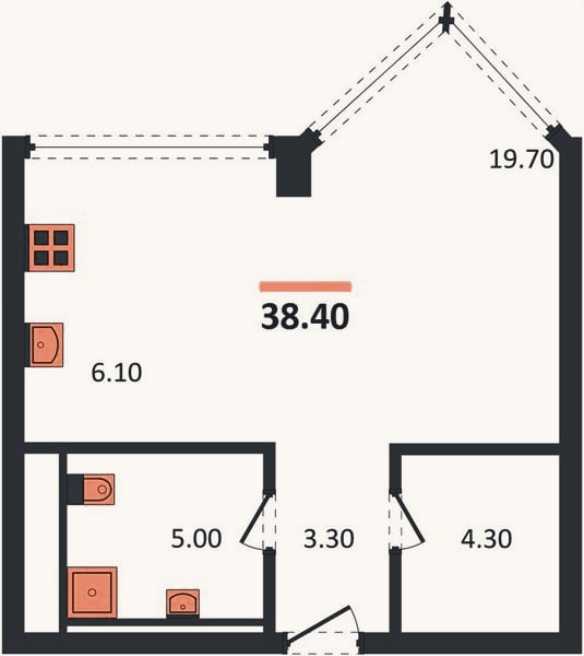 Планировка: Студия, 38,4 м²