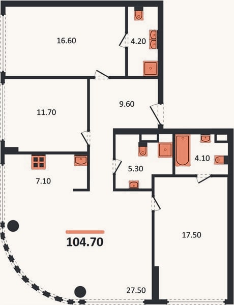 Планировка: 3-к, 104,7 м²