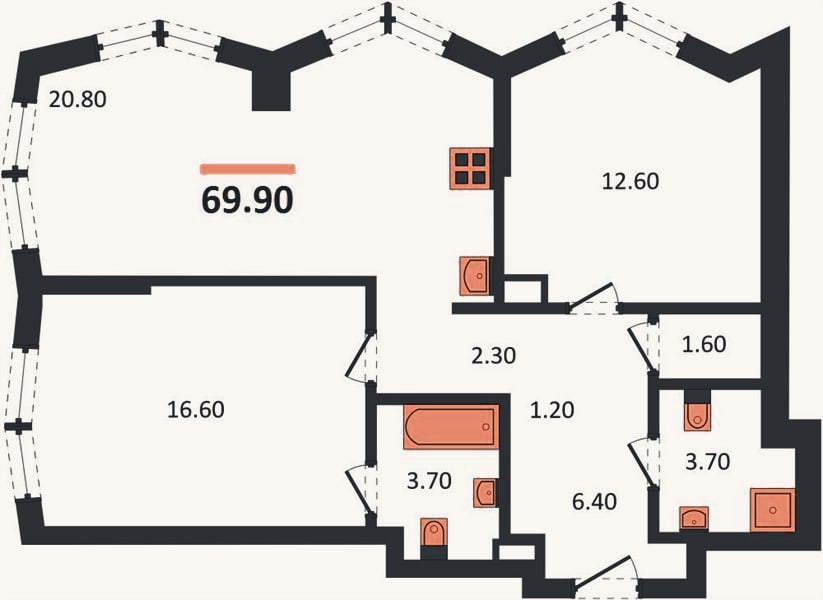 Планировка: 2-к, 69,9 м²