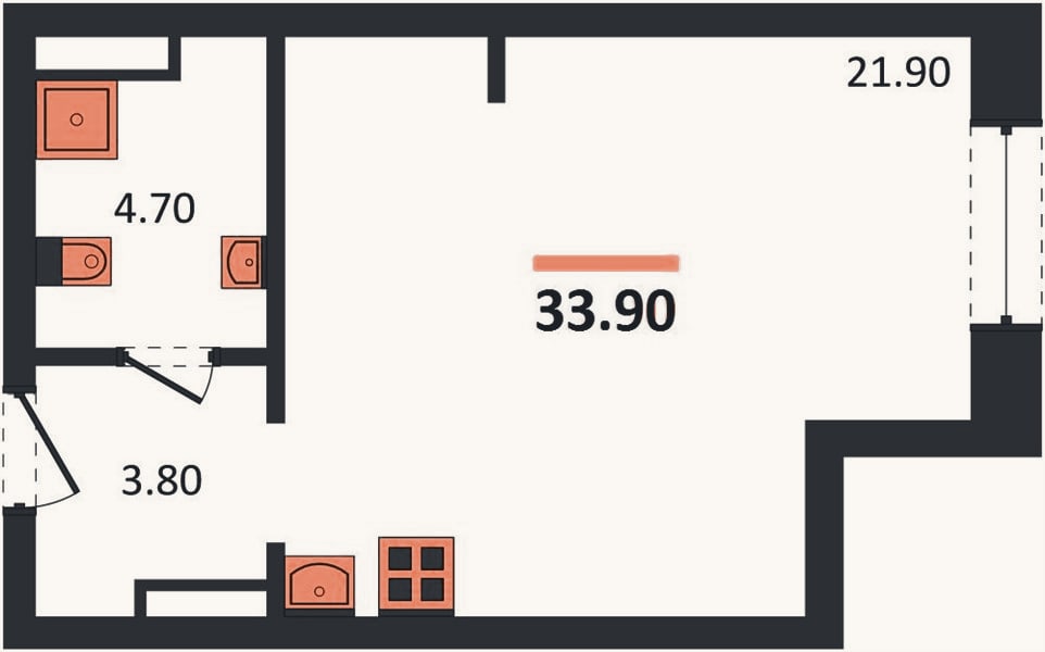 Планировка: Студия, 33,9 м²