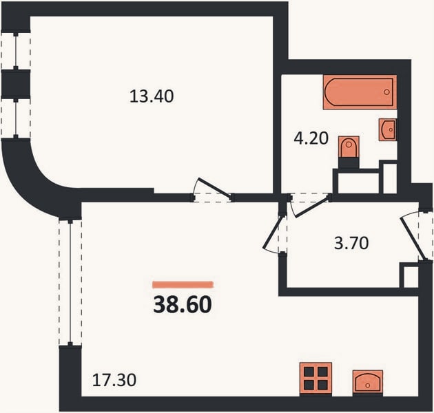 Планировка: 1-к, 38,6 м²