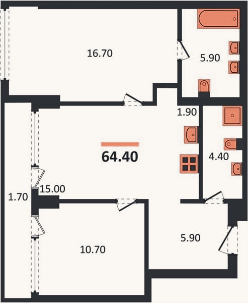 Планировка: 2-к, 64,4 м²