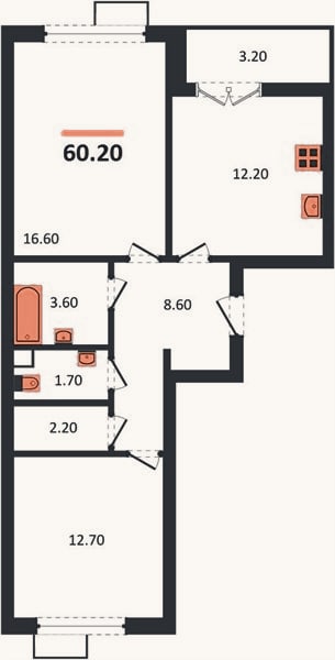 Планировка: 2-к, 60,2 м²
