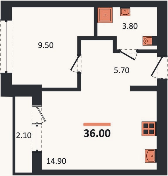 Планировка: 1-к, 36 м²