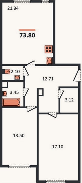 Планировка: 2-к, 73,8 м²