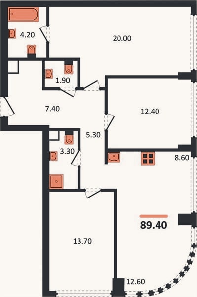 Планировка: 3-к, 89,4 м²