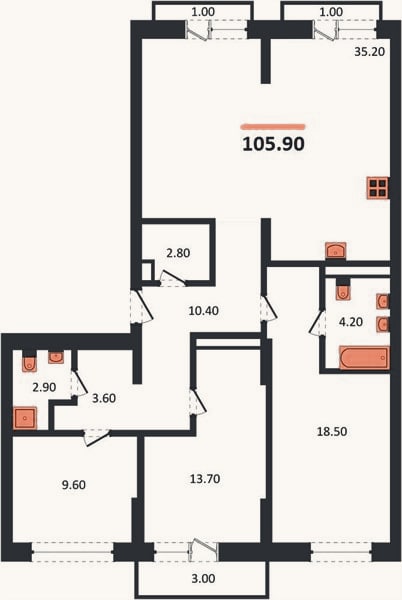 Планировка: 3-к, 105,9 м²