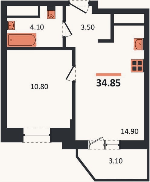 Планировка: 1-к, 34,9 м²