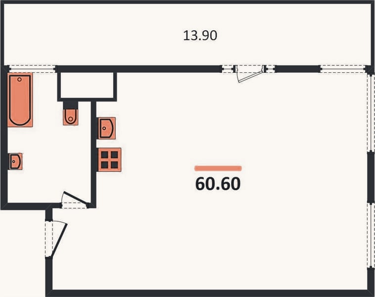 Планировка: 1-к, 60,6 м²