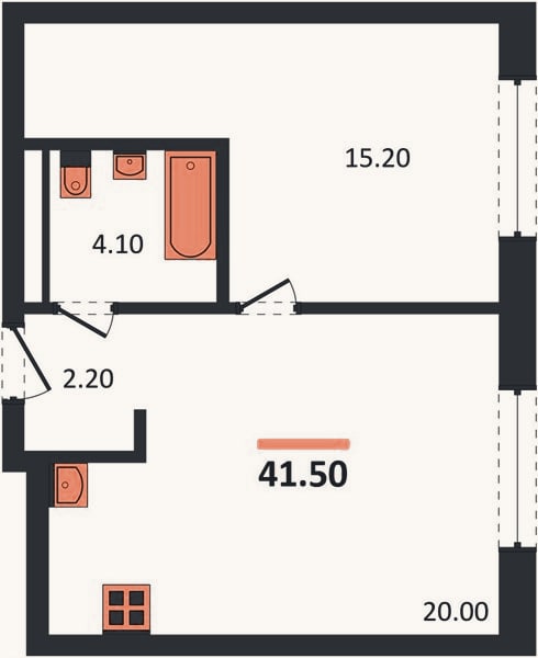 Планировка: 1-к, 41,5 м²