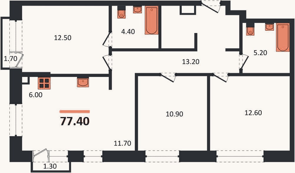Планировка: 3-к, 77,4 м²