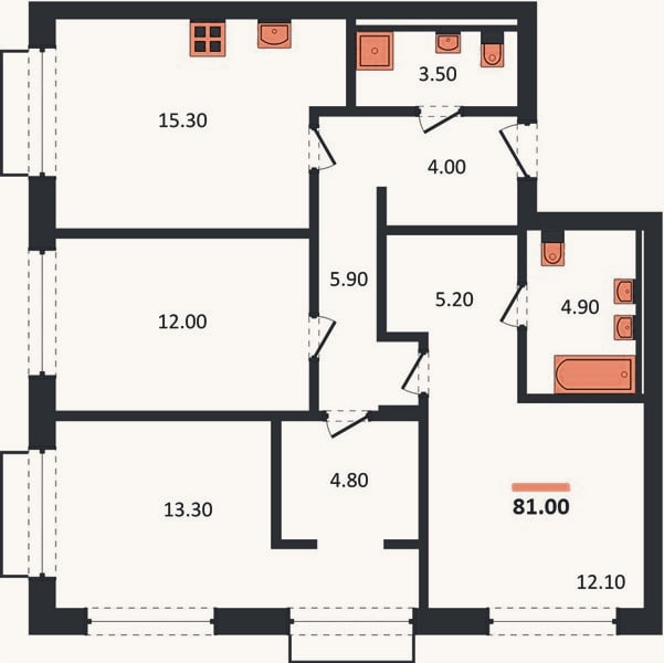 Планировка: 3-к, 81 м²