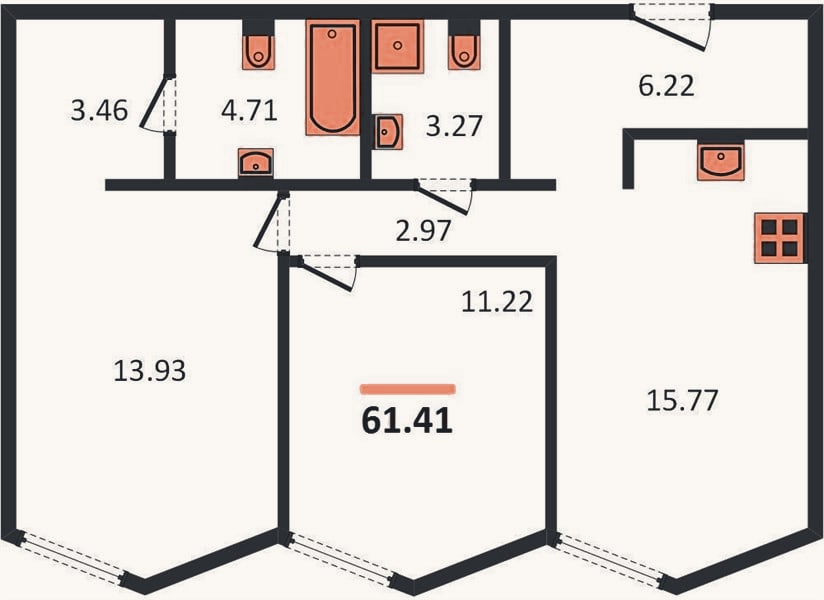 Планировка: 2-к, 61,4 м²