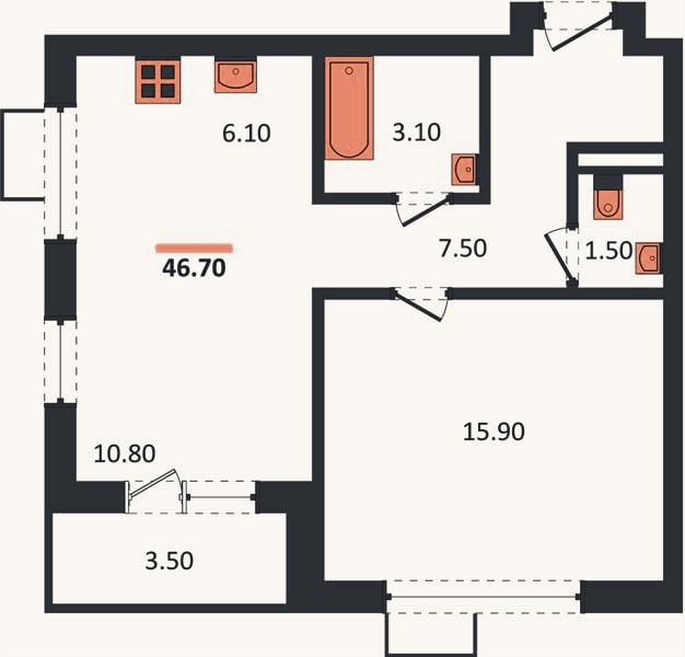Планировка: 1-к, 46,7 м²