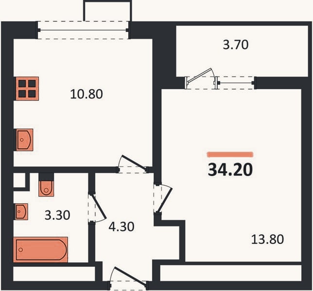 Планировка: 1-к, 34,2 м²