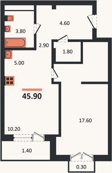 Планировка: 1-к, 45,9 м²