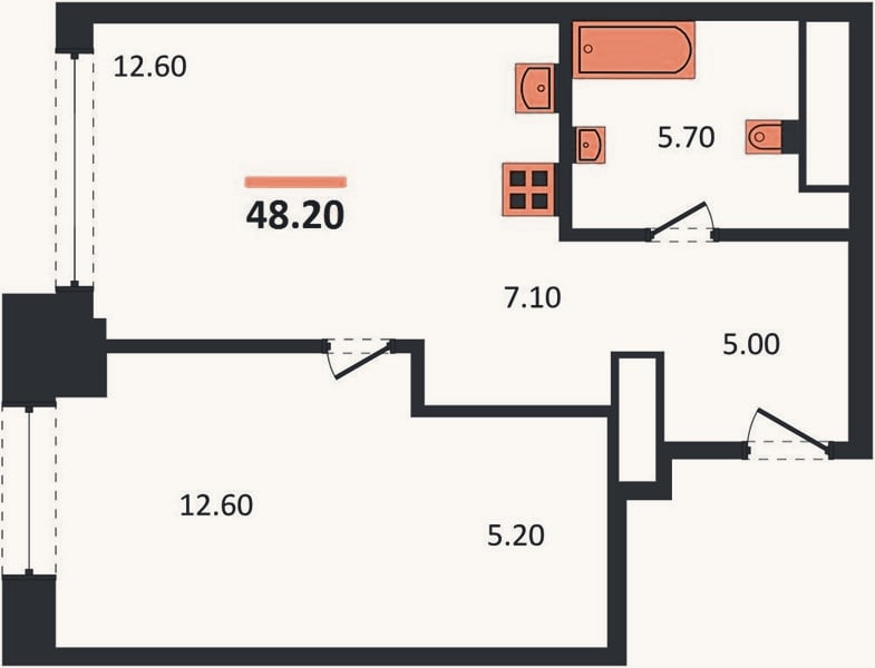 Планировка: 1-к, 48,2 м²