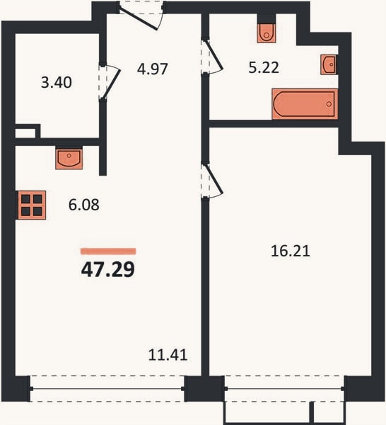 Планировка: 1-к, 47,3 м²