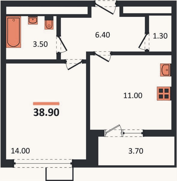 Планировка: 1-к, 38,9 м²