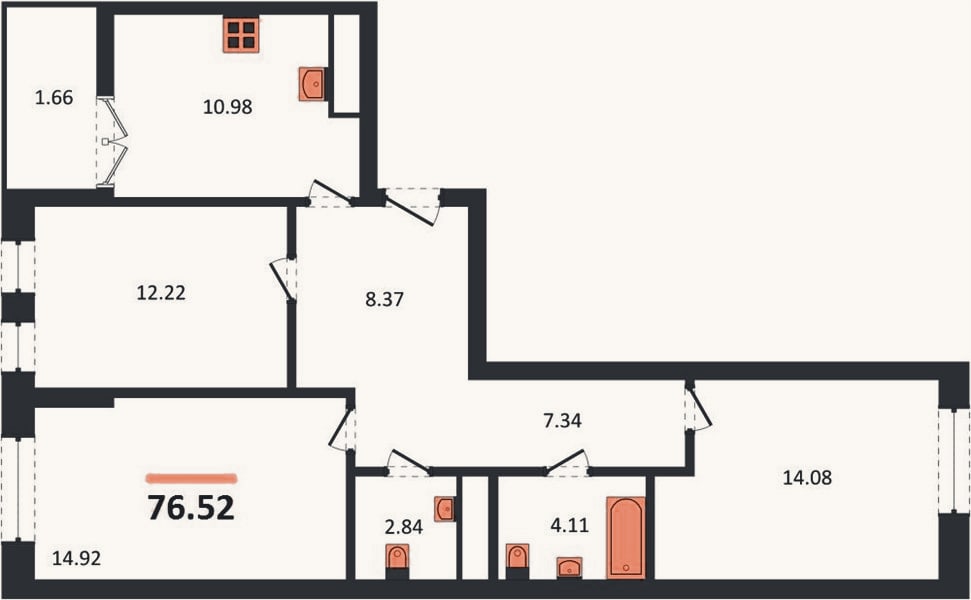 Планировка: 3-к, 76,5 м²