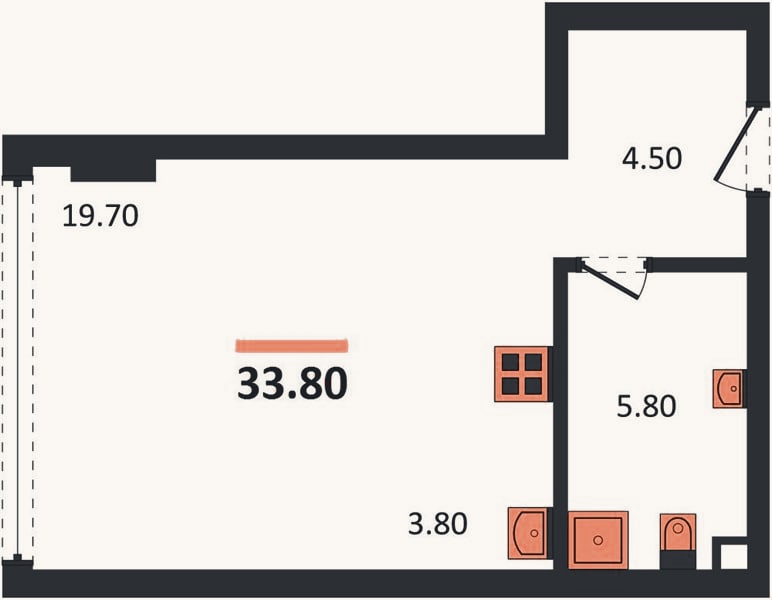 Планировка: Студия, 33,8 м²