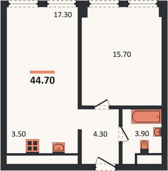 Планировка: 1-к, 44,7 м²
