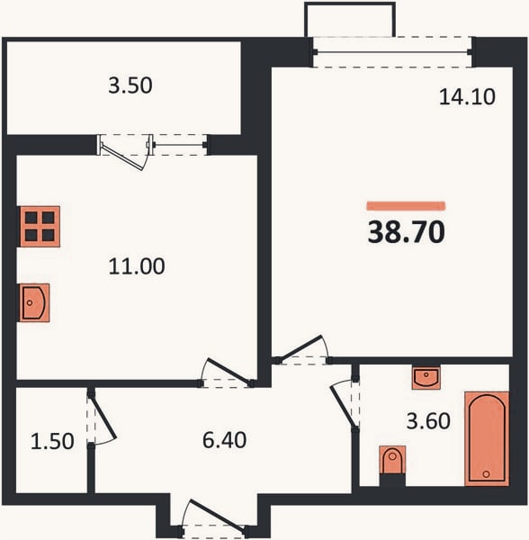Планировка: 1-к, 38,7 м²