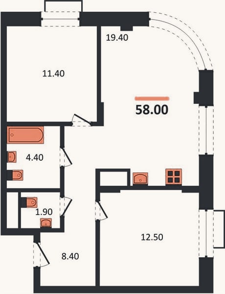 Планировка: 2-к, 58 м²
