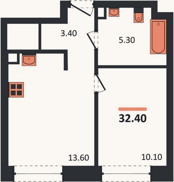 Планировка: 1-к, 32,4 м²