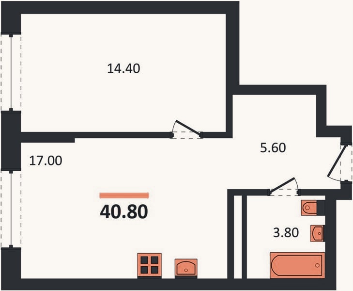 Планировка: 1-к, 40,8 м²