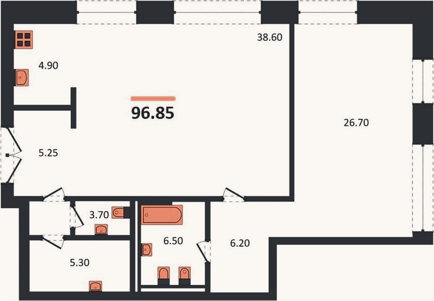 Планировка: 1-к, 96,9 м²