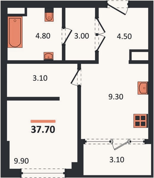 Планировка: 1-к, 37,7 м²