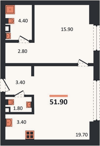 Планировка: 1-к, 51,9 м²