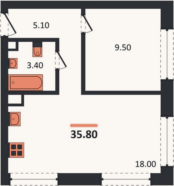 Планировка: 1-к, 35,8 м²