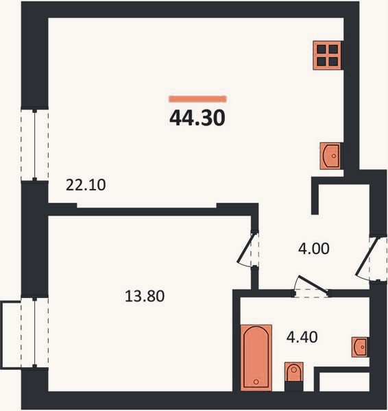 Планировка: 1-к, 44,3 м²