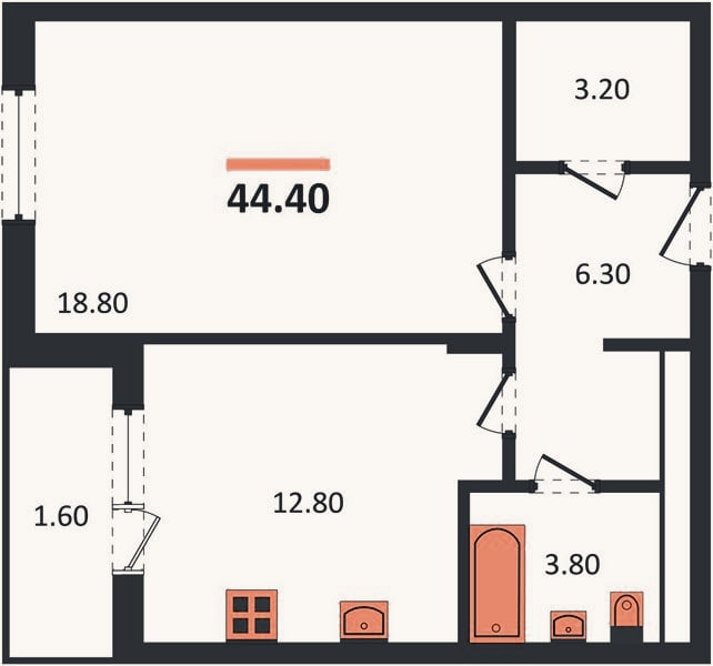 Планировка: 1-к, 44,4 м²
