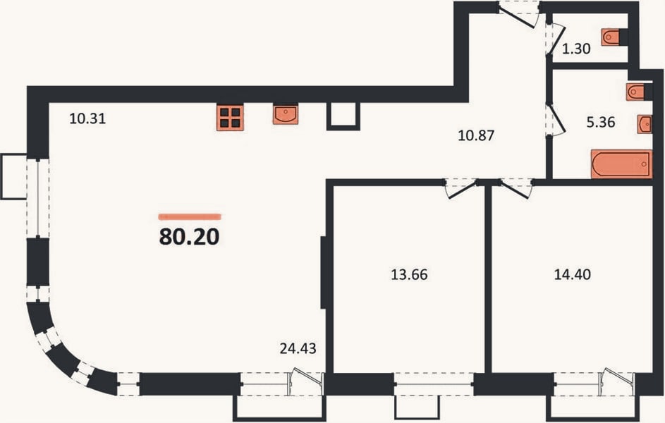 Планировка: 2-к, 80,2 м²