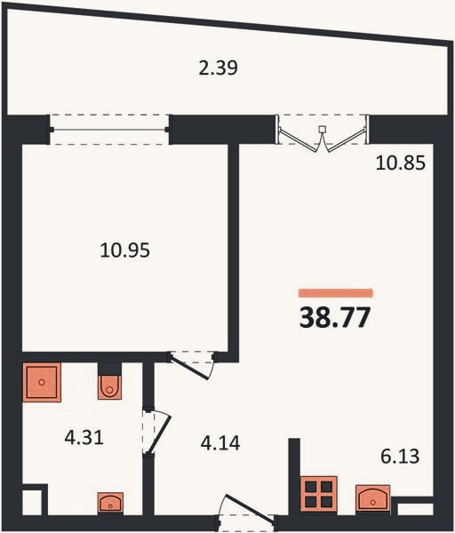 Планировка: 1-к, 38,8 м²