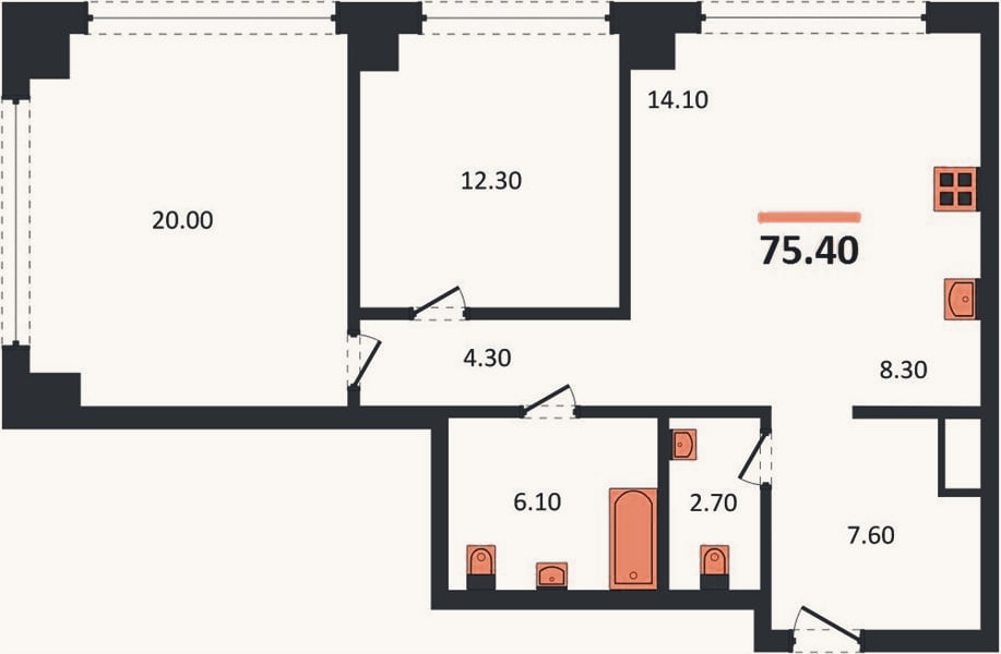 Планировка: 2-к, 75,4 м²
