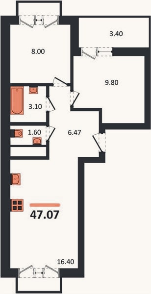 Планировка: 2-к, 47,1 м²